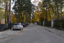 Ulica z kostki brukowej. Po jej lewej stronie stoją zaparkowane w rzędzie samochody. Po prawej stronie znajduje się chodnik. W dali widać wysokie drzewa z żółtymi i brązowymi liśćmi.