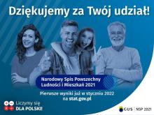 Grafika: niebieskie tło na nim zdjęcie dwóch kobiet i dwóch mężczyzn. Nad nimi duży napis białymi literami: Dziękujemy za Twój udział!
