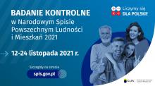 Na grafice jest napis: Badanie kontrolne w Narodowym Spisie Powszechnym Ludności i Mieszkań 2021, 12–24 listopada 2021 r. Szczegóły na stronie spis.gov.pl. W prawym górnym rogu umieszczono cztery małe koła ze znakami dodawania, odejmowania, mnożenia i dzielenia, obok nich napis: Liczymy się dla Polski! Poniżej widać grupę uśmiechniętych osób w różnym wieku