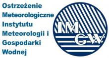 Grafika wektora: po lewej stronie tekst – ostrzeżenie meteorologiczne Instytutu Meteorologi i Gospodarki Wodnej.