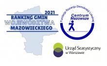 Mapa administracyjna województwa mazowieckiego, a na niej tekst: Ranking Gmin Województwa Mazowieckiego 2021. Po prawej stronie od góry logo: Fundacji Rozwoju Demokracji Lokalnej Centrum Mazowsze i Urzędu Statystycznego w Warszawie.