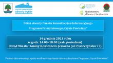 Grafika. Niebieskie tło na nim białe napisy informujące o dniu otwartym programu „ Czyste Powietrze”. Szczegółowe informacje powielone są w artykule. 