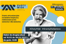 Grafika wektorowa. Na żółtym zdjęciu senior z megafonem w ręku. Do około niego różne napisy informujące o grancie dla seniorów, których treść została powielona w artykule. 