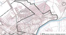Fragment mapy miejscowości Bielawa. Czarną grubą linią, o nieregularnym kształcie, zaznaczono granice obszaru objętego miejscowym planem zagospodarowania przestrzennego.