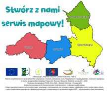 Grafika wektorowa. Kolorowe kontury gmin Konstancin-Jeziorna, Góra Kalwaria, Prażmów i Tarczyn oraz tekst: Stwórz z nami serwis mapowy. Poniżej w poziomym rzędzie logo: Unii Europejskiej, Leader, Bialskopodlaskiej Lokalnej Grupy Działania BLGD, LGD Perły Mazowsza, LGD Ziemi Siedleckiej i Programu Rozwoju Obszarów Wiejskich na lata 2014–2020.    