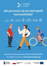 Niebieskie tło, na nim biały napis. Jak poruszać się po metropolii warszawskiej? Pod nimi ikonki przedstawiające m.in. rower, tramwaj, autobus. 