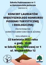 Grafika – niebieskie tło z czarnymi napisami: Koncert Laureatów Konkursu Piosenki Turystycznej i Ekologicznej 