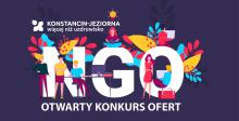 Grafika wektorowa. Ikony osób stojących wokół napisu NGO. Poniżej tekst: Otwarty konkurs ofert.