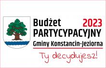 Logo gminy konstancin na białym tle, napis "Budżet partycypacyjny 2023, Ty decydujesz".