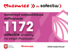 Grafika różowe tło na nim napis: Samorząd województwa dofinansuje 1172 sołeckie projekty na całym Mazowszu