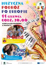 Grafika wektorowa. Plakat informujący o koncercie Muzyczna podróż po Europie. Treść plakatu znajduje się w artykule.