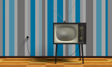 telewizor starego typu stojący na tle kolorowej ściany