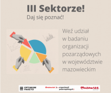Grafika wektorowa. Na szarym tle tekst: III Sektorze! Daj się poznać! Weź udział w badaniu organizacji pozarządowych w województwie mazowieckim. 