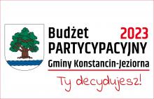 Grafika wektorowa. Z lewej strony herb gminy Konstancin-Jeziorna. Z prawej strony napis: Budżet Partycypacyjny Gminy Konstancin-Jeziorna 2023, Ty decydujesz!