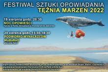 Grafika. Wielka ryba leci na niebie, pod jej brzuchem podczepiony jest rower, którym pedałuje mała dziewczynka. Na bagażniku roweru znajduje się duże czerwone jabłko. 