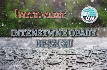 Na górze czerwony napis meteo alert poprzedzony wykrzyknikiem. Obok niego logo Instytutu Meteorologii i Gospodarki Wodnej – niebieski okrąg z białymi literami IMGW, poniżej niebieski napis intensywne opady deszczu. W tle kałuża i spadające krople deszczu.