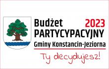 Grafika Budżetu partycypacyjnego Gminy Konstancin-Jeziorna 2023, zawiera herb gminy oraz nazwę projektu i dopisek Ty decydujesz!