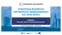 Grafika: niebieskie tło na nim dużą czcionką niebieski napis strategia rozwoju metropolii warszawskiej do 2040 roku