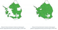 Mapka gminy Konstancin-Jeziorna z zaznaczonymi na zielono miejscami zagospodarowania przestrzennego.