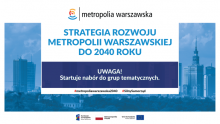 Grafika wektorowa. Napis informujący o naborze do grup tematycznych wśród ekspertów i członków NGO, na tle warszawskich wieżowców.r 