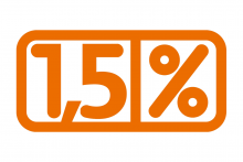 Baner promujący przekazywanie 1 procenta podatku - na pomarańczowym tle biały znak 1,5% w białych ramkach oraz ikony wyrażające różne działania organizacji pożytku publicznego, w tym ochrona przyrody, pomoc osobom z niepełnosprawnościami