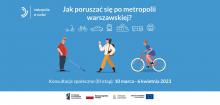 Plakat informujący o konsultacjach społecznych Planu Zrównoważonej Mobilności Miejskiej dla metropolii warszawskiej, treść z plakatu zamieszczona jest w artykule.