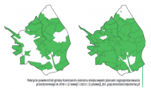 Mapka gminy Konstancin-Jeziorna z zaznaczonymi na zielono miejscami zagospodarowania przestrzennego.