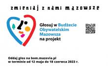 Grafika wektorowa. Logo Budżetu Obywatelskiego Mazowsza oraz tekst – Zmieniaj z nami Mazowsze.