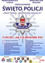 Grafika: białe tło na nim napis Święto Policji oraz piknik Bezpieczne wakacje. Pod nim szczegółowy program imprezy. 