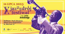 Plakat festiwalu jazzowego z grafiką Luisa Armstronga grającego na trąbce. 