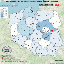 Grafika wektorowa. Mapa Polski z naniesionymi miejscami wypadków.