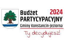 Białe tło z herbem gminy Konstancin-Jeziorna oraz napisem Budżet Partycypacyjny 2024 Gminy Konstancin-Jeziorna – Ty decydujesz.