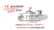 Grafika wektorowa, budynek sejmu oraz napis: 15 października 2023 roku – wybory do sejmu i senatu