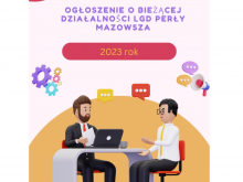 Grafika. Niebieskie tło po prawej stronie megafon. Na środku napis: Najważniejsze informacje o bieżącej działalności Stowarzyszenia Perły Mazowsza Lokalnej Grupy Działania