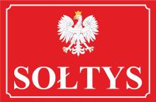 Grafika wektorowa: na czerwonym tle napis sołtys, a nad nim godło RP