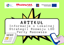 Grafika wektorowa: na zielonym tle tekst – artykuł Informacje o Lokalnej Strategii Rozwoju LGD Perły Mazowsza