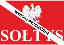 Grafika wektorowa: na czerwonym tle napis sołtys, a nad nim godło RP