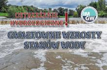 Na górze czerwony napis: Ostrzeżenie hydrologiczne z wykrzyknikiem. Obok niego logo Instytutu Meteorologii i Gospodarki Wodnej (niebieski okrąg z białymi literami IMGW), poniżej niebieski napis: Gwałtowne wzrosty stanów wody. W tle rwąca rzeka.