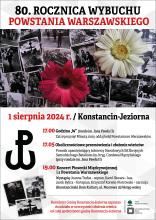 Plakat informujący o obchodach 80. Rocznicy Powstania Warszawskiego, informacje zamieszczone na plakacie znajdują się w artykule. 