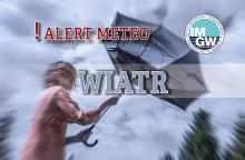 Na górze czerwony napis meteo alert poprzedzony wykrzyknikiem. Obok niego logo Instytutu Meteorologii i Gospodarki Wodnej - niebieski okrąg z białymi literami IMGW, poniżej szary napis silny wiatr. W tle postać z rozwianymi włosami próbująca utrzymać wygięty w górę parasol.  