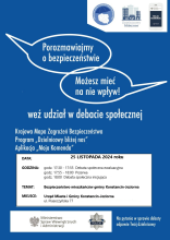 Plakat zapraszający mieszkańców gminy Konstancin-Jeziorna na debatę społeczną na temat bezpieczeństwa, która odbędzie się 25 listopada 2024 roku w Urzędzie Miasta i Gminy.