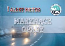 Na górze czerwony napis meteo alert poprzedzony wykrzyknikiem. Obok niego logo Instytutu Meteorologii i Gospodarki Wodnej - niebieski okrąg z białymi literami IMGW, poniżej szary napis marznące opady. W tle widać samochód jadący ulicą asfaltową przez las.  