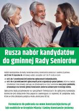 Grafika przedstawia informację o naborze kandydatów do gminnej Rady Seniorów w Konstancinie-Jeziornie, z terminem zgłoszeń od 23 do 31 stycznia, z podziałem miejsc między seniorów indywidualnych i organizacje pozarządowe.