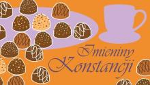 Grafika przedstawia kolorowe czekoladki na pomarańczowym tle z fioletową kokardą i napisem „Imieniny Konstancji” w fioletowej czcionce.