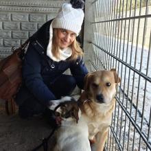 Kobieta w zimowym ubraniu, uśmiechając się, kuca obok dwóch psów w schronisku