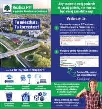 Ulotka zachęcająca mieszkańców Konstancina-Jeziorny do wskazania gminy jako miejsca zamieszkania w deklaracji PIT, aby wspierać lokalny budżet i rozwój infrastruktury.