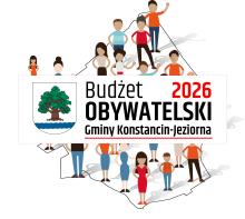 Grafika promująca Budżet Obywatelski 2026 Gminy Konstancin-Jeziorna, przedstawiająca mieszkańców na tle mapy gminy oraz herb i logo inicjatywy.