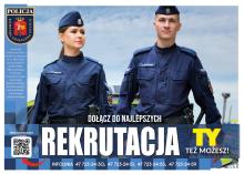 Plakat rekrutacyjny Komendy Stołecznej Policji przedstawiający dwójkę umundurowanych funkcjonariuszy z hasłem „Dołącz do najlepszych – REKRUTACJA – TY też możesz!” oraz informacjami kontaktowymi i kodem QR.