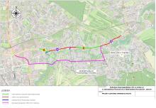 Mapa przedstawia tymczasową organizację ruchu podczas rozbudowy drogi wojewódzkiej nr 721 między Piasecznem a Konstancinem-Jeziorną, z zaznaczonymi odcinkami jedno- i dwukierunkowymi, objazdami oraz zamkniętymi i otwartymi wlotami ulic.
