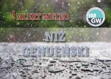 Na górze czerwony napis meteo alert poprzedzony wykrzyknikiem. Obok niego logo Instytutu Meteorologii i Gospodarki Wodnej – niebieski okrąg z białymi literami IMGW, poniżej niebieski niż genueński. W tle zielony las oraz lekko wzburzona woda.
